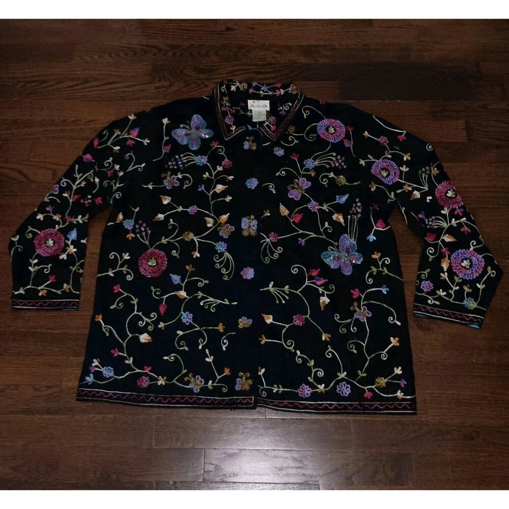 Quacker Factory Jacket Womens 1X 3/4 Sleeve Floral Butterfly Beaded Embellished